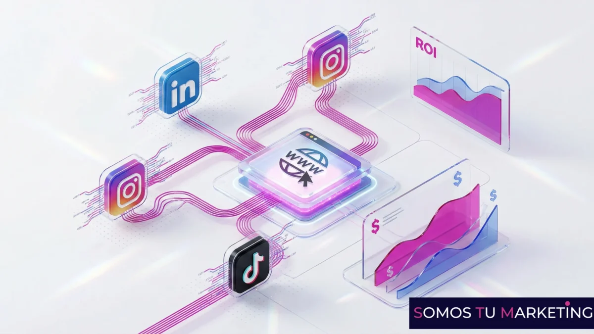 ilustración 3d isométrica de una estrategia de redes sociales conectada a una página web mostrando iconos de linkedin instagram y gráficos de roi