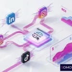 estrategiaredessocialesempresas2026 | somos tu marketing ilustración 3d isométrica de una estrategia de redes sociales conectada a una página web mostrando iconos de linkedin instagram y gráficos de roi
