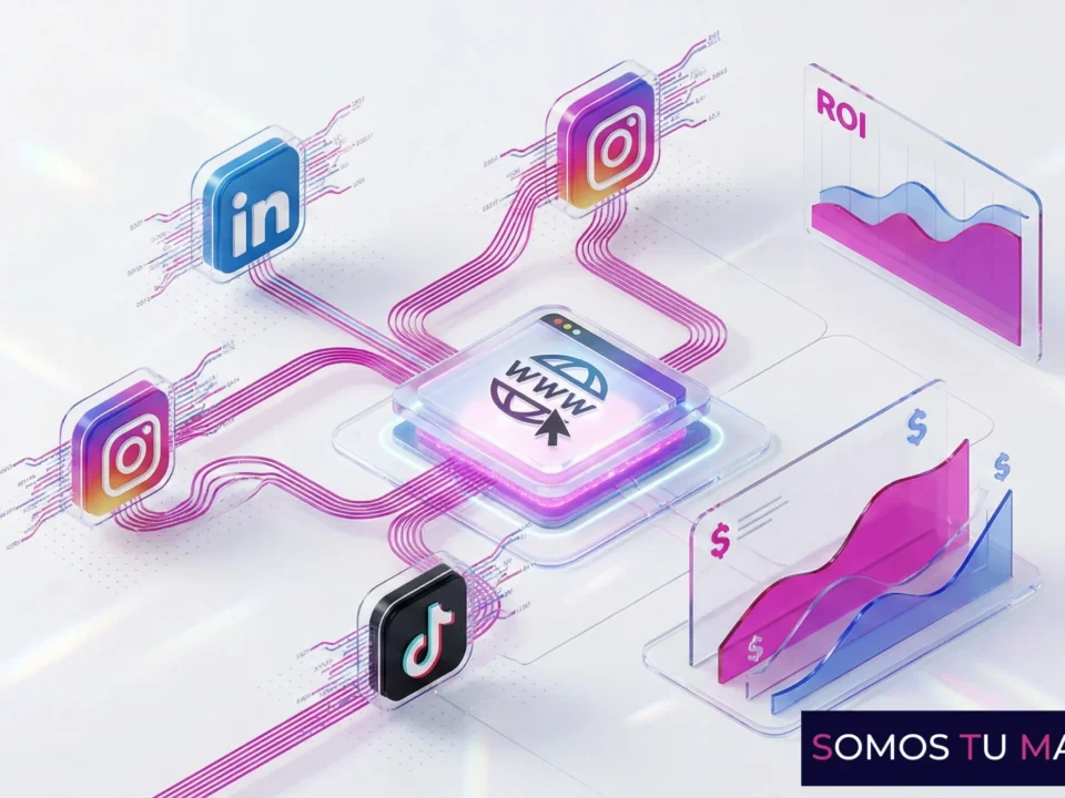 estrategiaredessocialesempresas2026 | somos tu marketing ilustración 3d isométrica de una estrategia de redes sociales conectada a una página web mostrando iconos de linkedin instagram y gráficos de roi