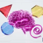 guianeuromarketingwebpsicologiacolorformas | somos tu marketing composición 3d mostrando un cerebro conectado a formas geométricas triángulo círculo hexágono representando la psicología del diseño web