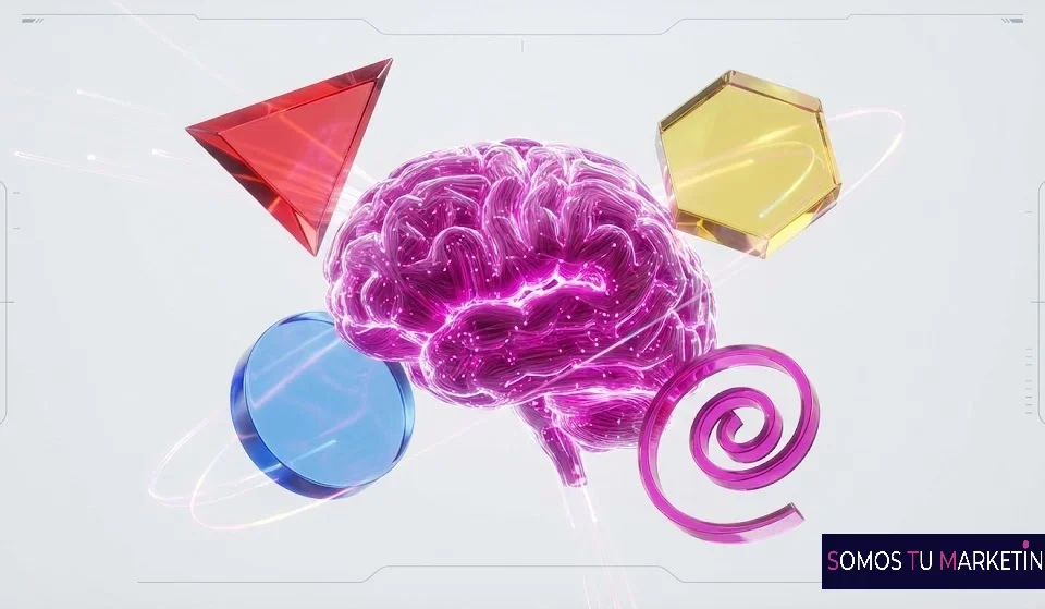 Composición 3D mostrando un cerebro conectado a formas geométricas (triángulo, círculo, hexágono) representando la psicología del diseño web.
