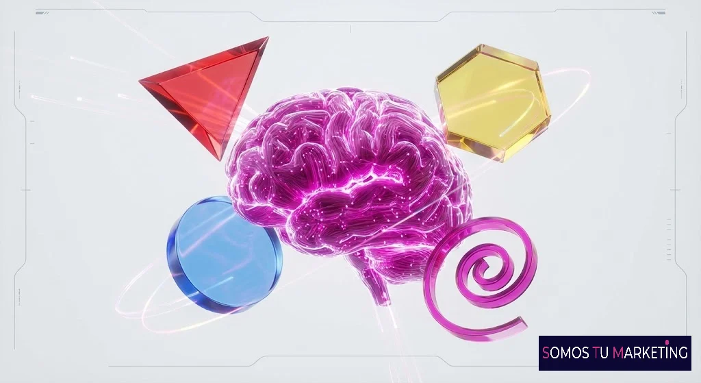 composición 3d mostrando un cerebro conectado a formas geométricas triángulo círculo hexágono representando la psicología del diseño web