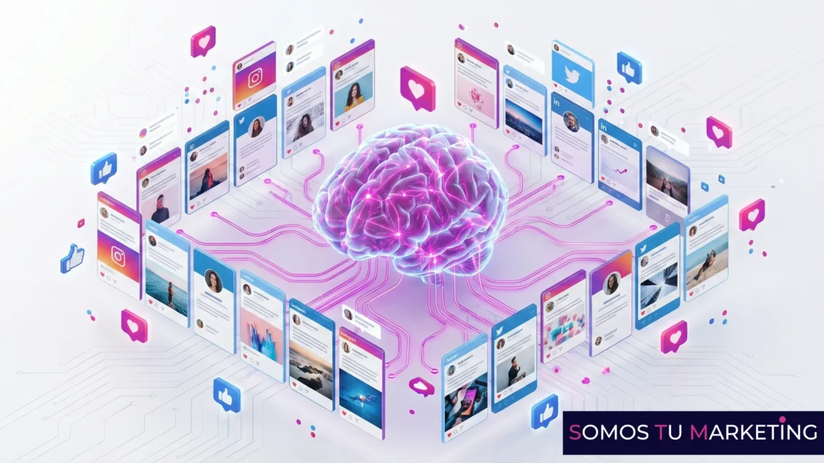 ilustración 3d que fusiona un cerebro humano brillante con un calendario de contenidos digital rodeado de iconos de me gusta y gráficos de productividad