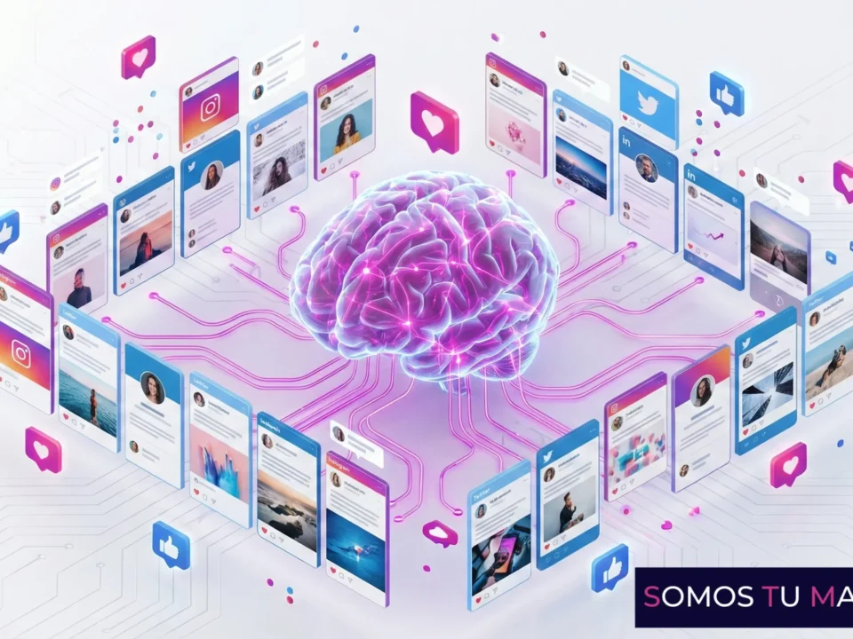 planificacionpsicologiaredessociales | somos tu marketing ilustración 3d que fusiona un cerebro humano brillante con un calendario de contenidos digital rodeado de iconos de me gusta y gráficos de productividad