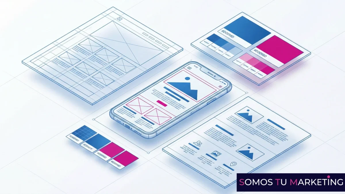 esquema isométrico 3d mostrando estructuras de diseño web móvil y escritorio y tipos de logotipos sobre fondo blanco
