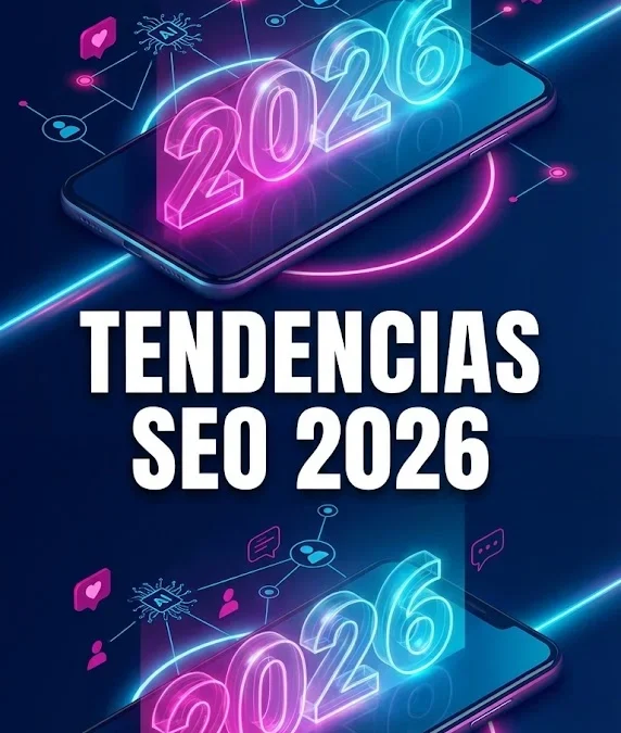 gráfico futurista 3d con el año 2026 y nodos de inteligencia artificial sobre un móvil representando la estrategia seo y geo