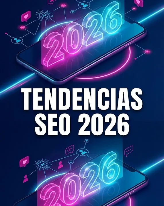 Gráfico futurista 3D con el año 2026 y nodos de Inteligencia Artificial sobre un móvil, representando la estrategia SEO y GEO.