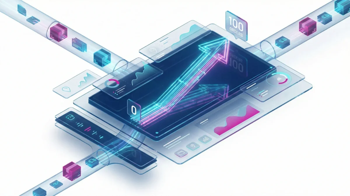 dashboard futurista isométrico mostrando una gráfica de ventas subiendo rápidamente de 0 a 100 pedidos representando el escalado de una tienda online
