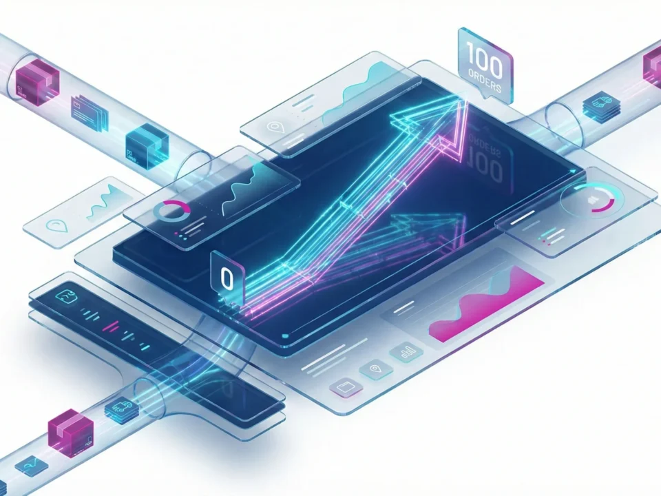 Dashboard futurista isométrico mostrando una gráfica de ventas subiendo rápidamente de 0 a 100 pedidos, representando el escalado de una tienda online.