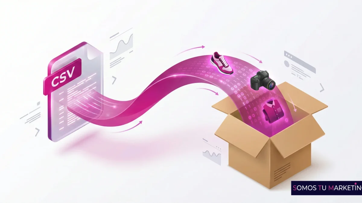ilustración 3d de un archivo csv transformándose en productos físicos mediante un flujo de datos representando la importación masiva en woocommerce