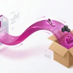 importacionmasivawoocommercecsvia | somos tu marketing ilustración 3d de un archivo csv transformándose en productos físicos mediante un flujo de datos representando la importación masiva en woocommerce