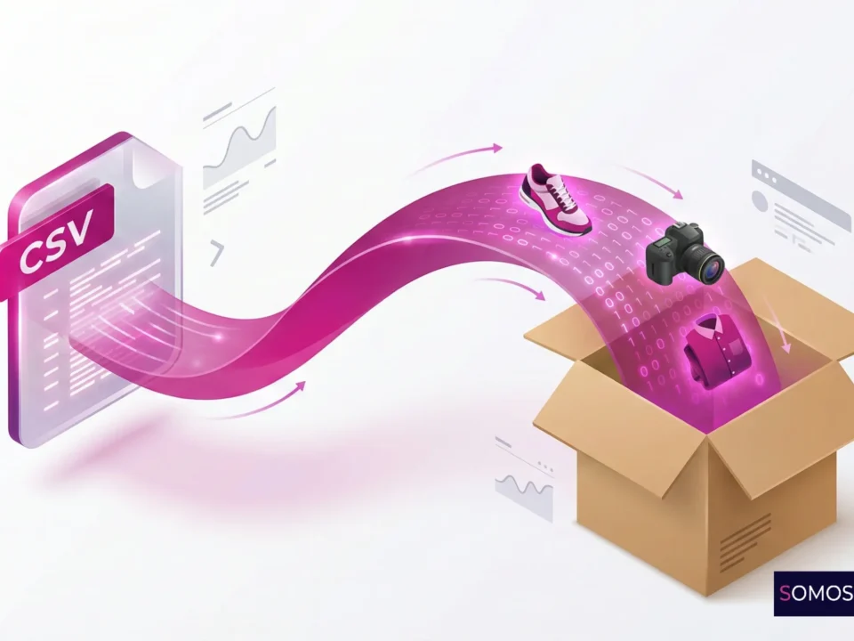 Ilustración 3D de un archivo CSV transformándose en productos físicos mediante un flujo de datos, representando la importación masiva en WooCommerce.