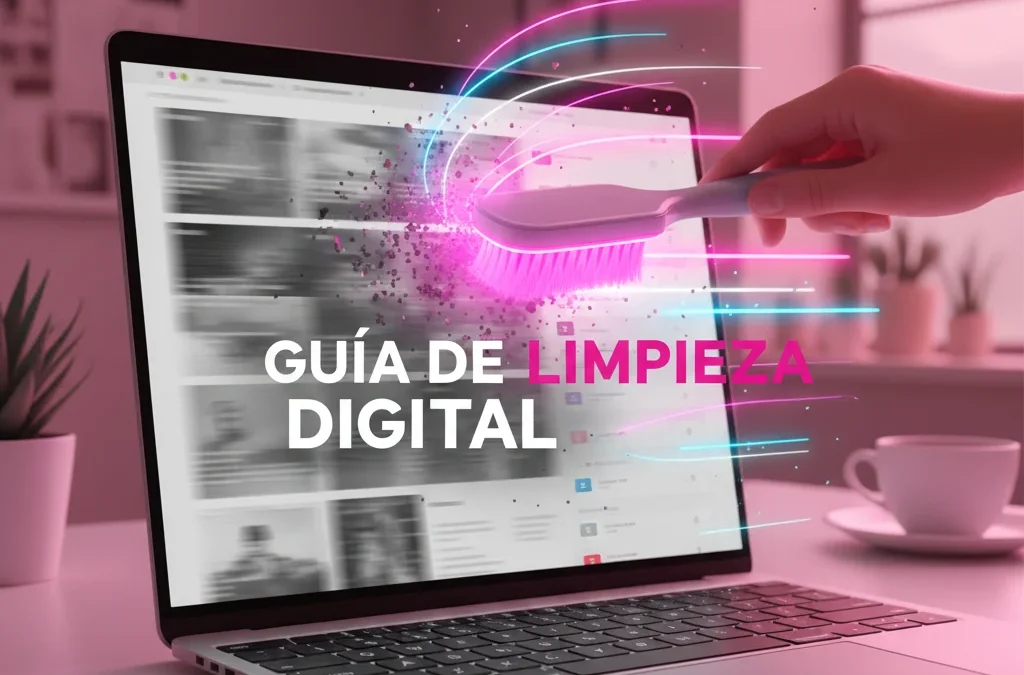 mano sosteniendo un cepillo de luz magenta neón limpiando una pantalla de portátil borrosa para revelar una web rápida y nítida simbolizando la limpieza digital y velocidad web