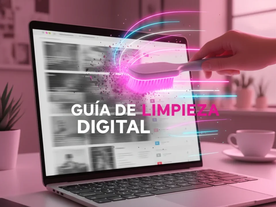 Mano sosteniendo un cepillo de luz magenta neón limpiando una pantalla de portátil borrosa para revelar una web rápida y nítida, simbolizando la limpieza digital y velocidad web