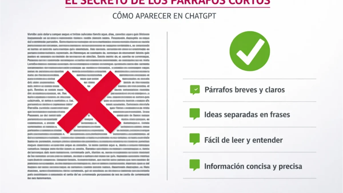 comparación visual entre párrafos largos con x roja y párrafos cortos optimizados con check verde ilustrando técnica de respuesta directa para posicionamiento en chatgpt y buscadores de ia