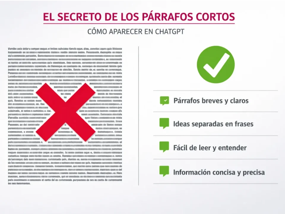 Comparación visual entre párrafos largos con X roja y párrafos cortos optimizados con check verde, ilustrando técnica de respuesta directa para posicionamiento en ChatGPT y buscadores de IA