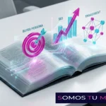 glosariomarketingdigitalseodiccionariotecnico | somos tu marketing libro abierto con proyecciones holográficas de conceptos de marketing digital como seo y buyer persona representando un glosario técnico