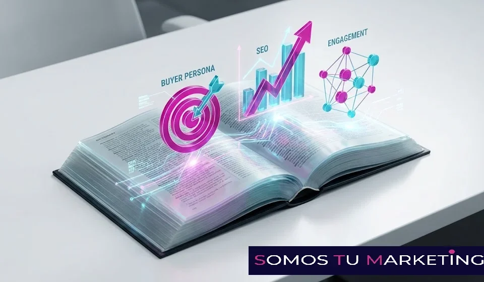 Libro abierto con proyecciones holográficas de conceptos de marketing digital como SEO y Buyer Persona, representando un glosario técnico.
