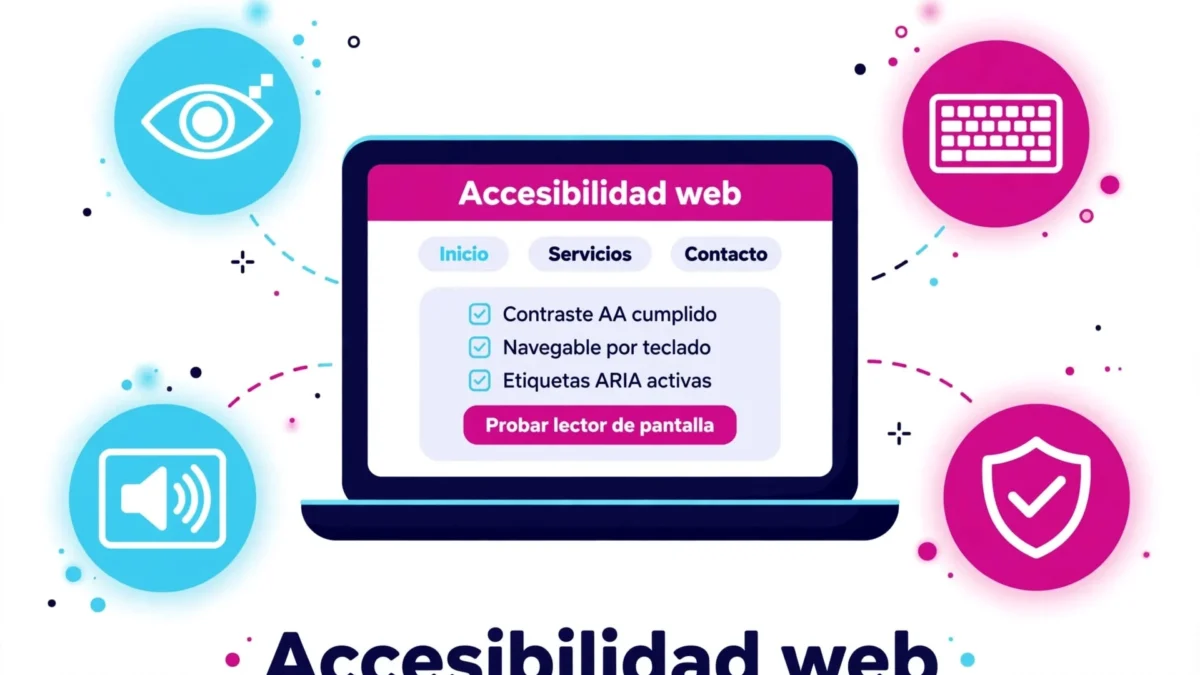 ilustración de una web accesible en un portátil con iconos de contraste teclado y lector de pantalla en los colores de somos tu marketing