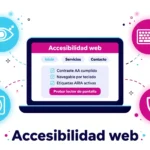 accesibilidad web está tu negocio obligado a cumplirla | somos tu marketing ilustración de una web accesible en un portátil con iconos de contraste teclado y lector de pantalla en los colores de somos tu marketing