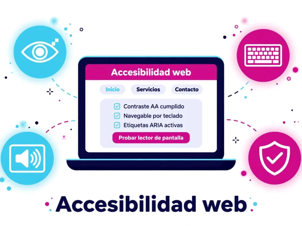 accesibilidad web está tu negocio obligado a cumplirla | somos tu marketing ilustración de una web accesible en un portátil con iconos de contraste teclado y lector de pantalla en los colores de somos tu marketing