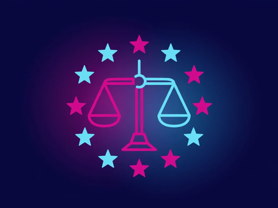 Icono de balanza y escudo de la Unión Europea representando el AI Act para pymes