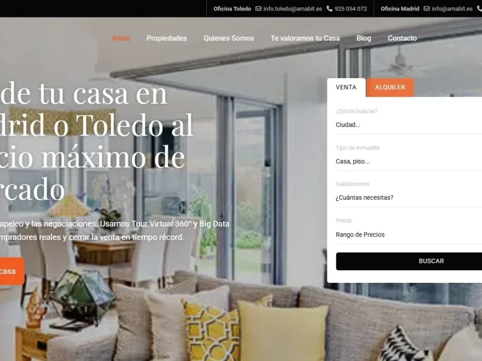amabit nueva | somos tu marketing hero image of a modern living room with a bold spanish headline about selling a home in madrid or toledo a rightside white property search panel ventaalquiler