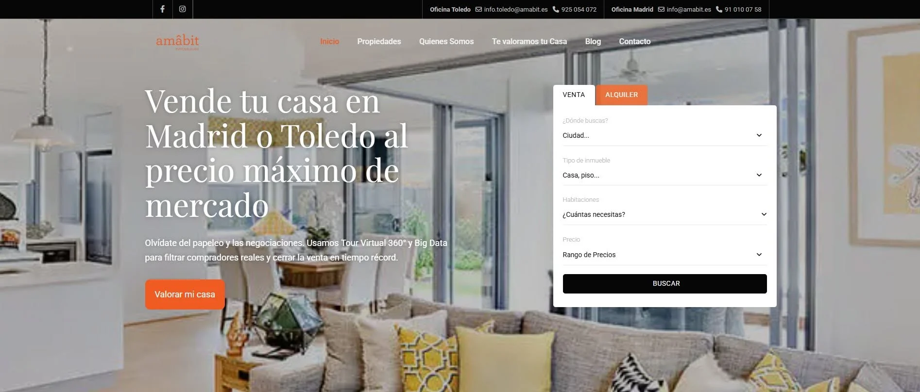 amabit nueva | somos tu marketing hero image of a modern living room with a bold spanish headline about selling a home in madrid or toledo a rightside white property search panel ventaalquiler