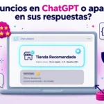 ilustración promocional con un portátil y un monitor mostrando tienda recomendada y el tema de anuncios en chatgpt