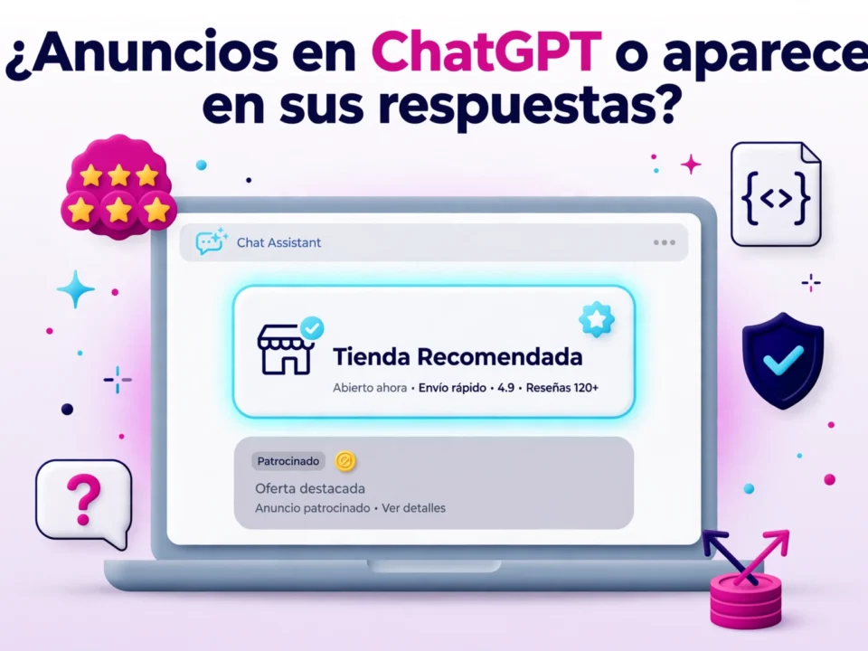 Ilustración promocional con un portátil y un monitor mostrando 'Tienda Recomendada' y el tema de anuncios en ChatGPT