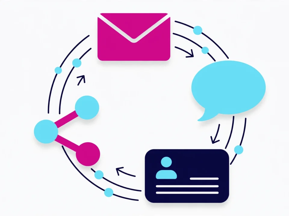 ilustración de automatización de marketing para pymes con iconos de email, whatsapp y crm conectados