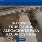 hero image showing a neoclassical building facade with tall ornate columns and bold white text reading informes tributarios alegaciones para recursos y rea