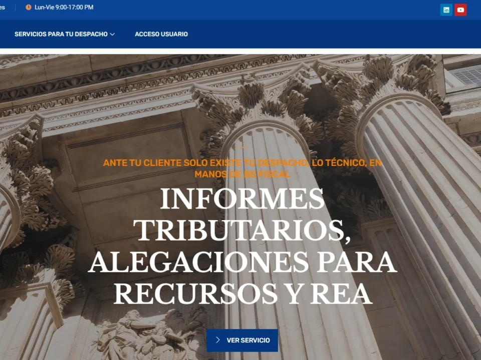 Hero image showing a neoclassical building facade with tall ornate columns and bold white text reading 'INFORMES TRIBUTARIOS, ALEGACIONES PARA RECURSOS Y REA'.
