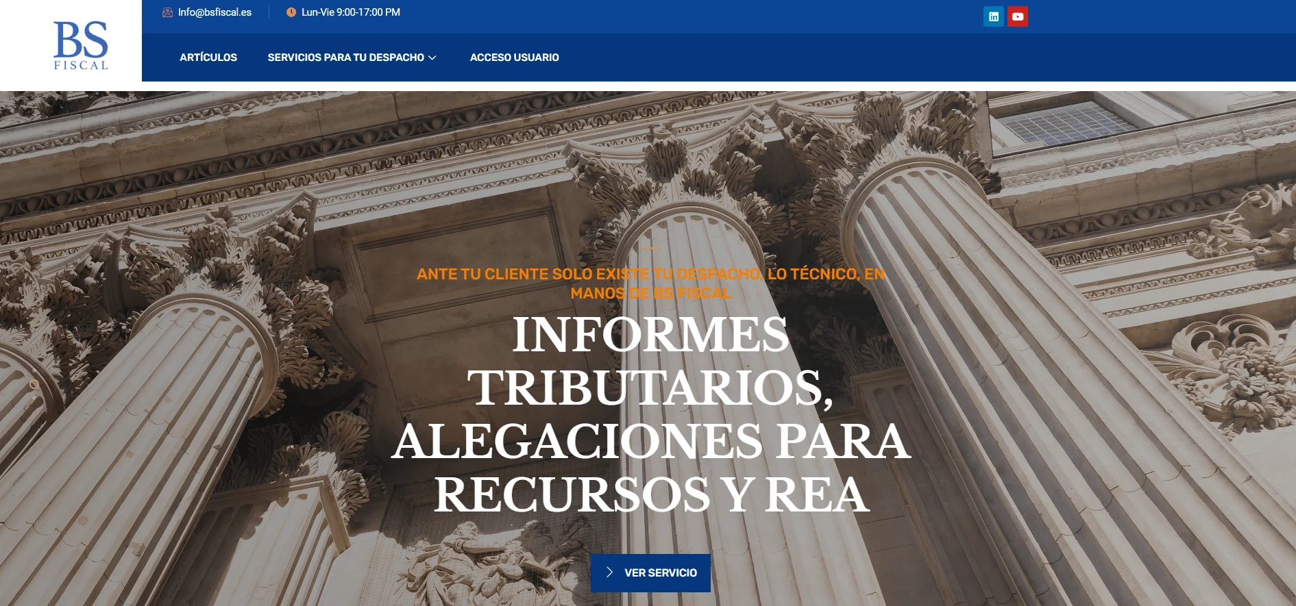 bsfiscal | somos tu marketing hero image showing a neoclassical building facade with tall ornate columns and bold white text reading informes tributarios alegaciones para recursos y rea