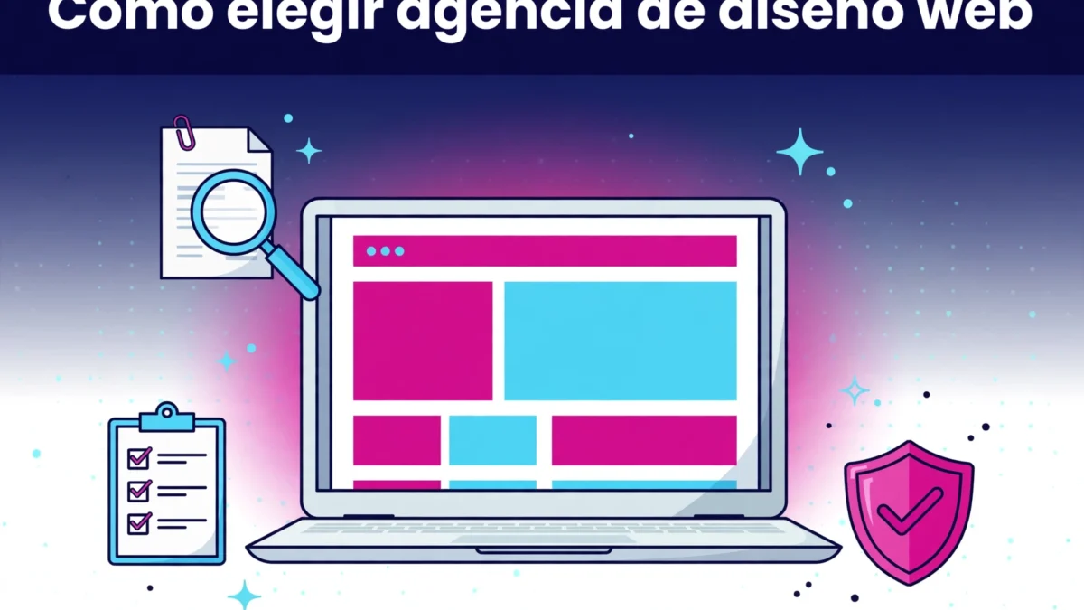 illustrative graphic showing a laptop with a colorful webpage a clipboard and a magnifying glass to represent web design and evaluation