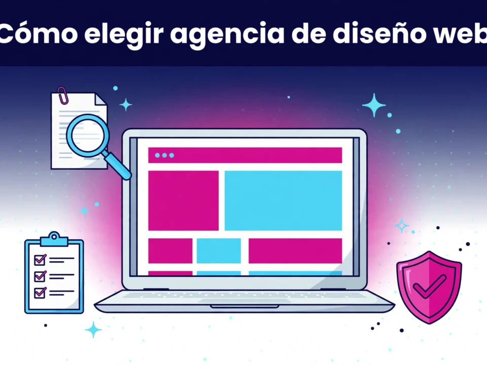illustrative graphic showing a laptop with a colorful webpage a clipboard and a magnifying glass to represent web design and evaluation