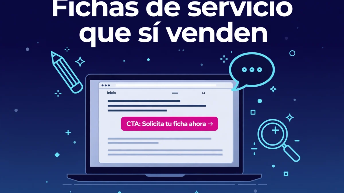 ilustración sobre cómo escribir fichas de servicio que convierten con mockup de web y elementos de copywriting