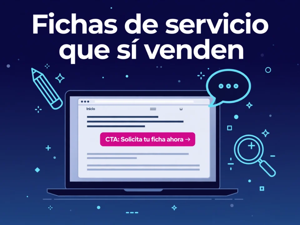 copywriting para fichas de servicio que convierten | somos tu marketing ilustración sobre cómo escribir fichas de servicio que convierten con mockup de web y elementos de copywriting