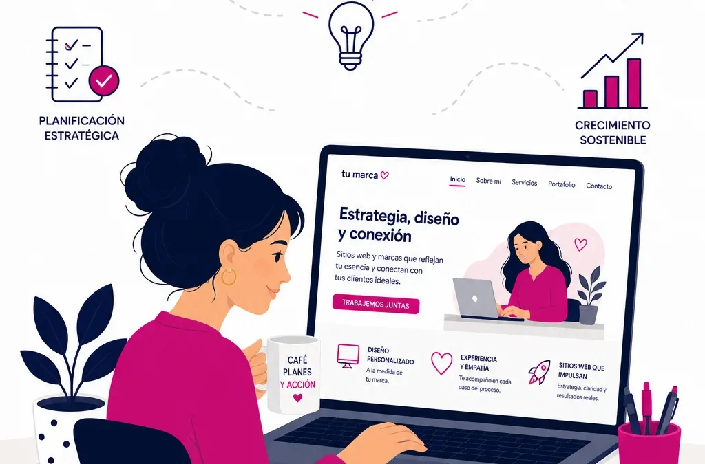 autónoma frente a su ordenador revisando el diseño de su web profesional en españa