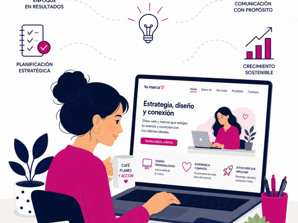 autónoma frente a su ordenador revisando el diseño de su web profesional en españa
