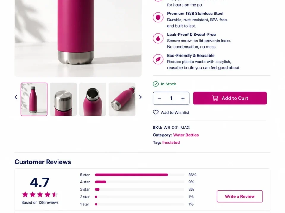 Ficha de producto WooCommerce optimizada con título, descripción y reseñas