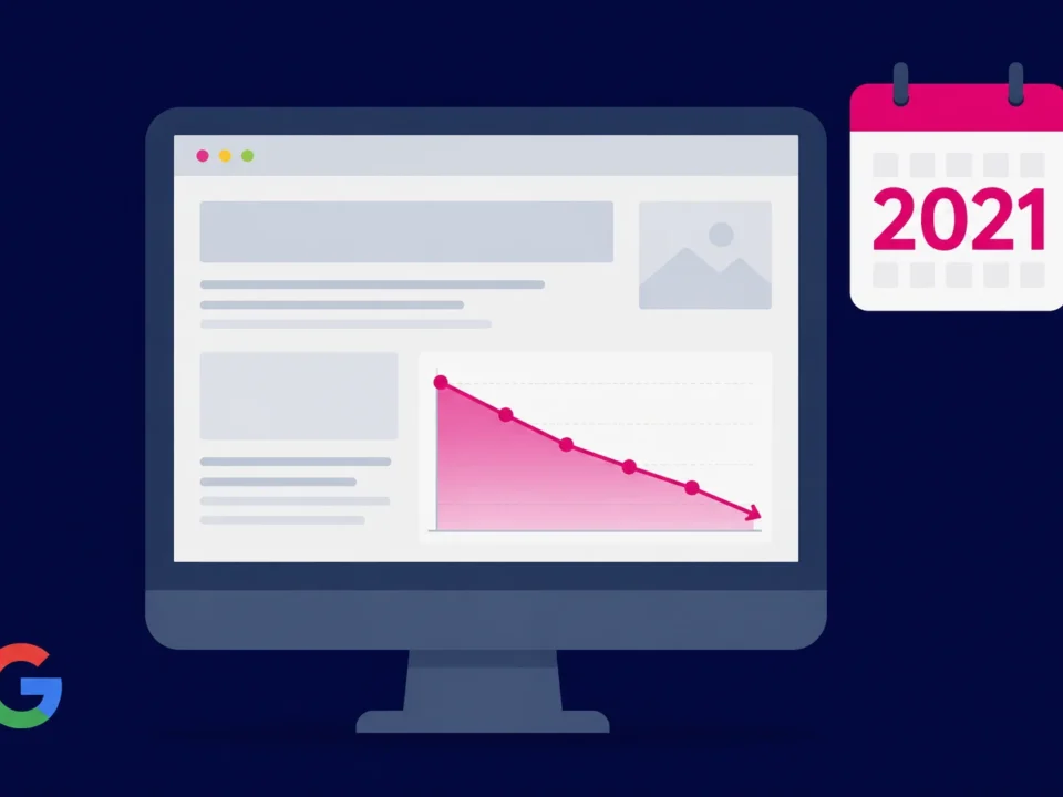 Pantalla de ordenador mostrando un artículo con fecha 2021 y gráfica de tráfico cayendo — freshness SEO