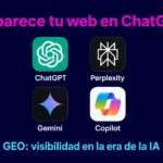 geoaparecerchatgptperplexitygeminicopilotpymes | somos tu marketing graphic asking does your site appear in chatgpt with four app icons chatgpt perplexity gemini copilot and the subtitle geo visibility in the ai era