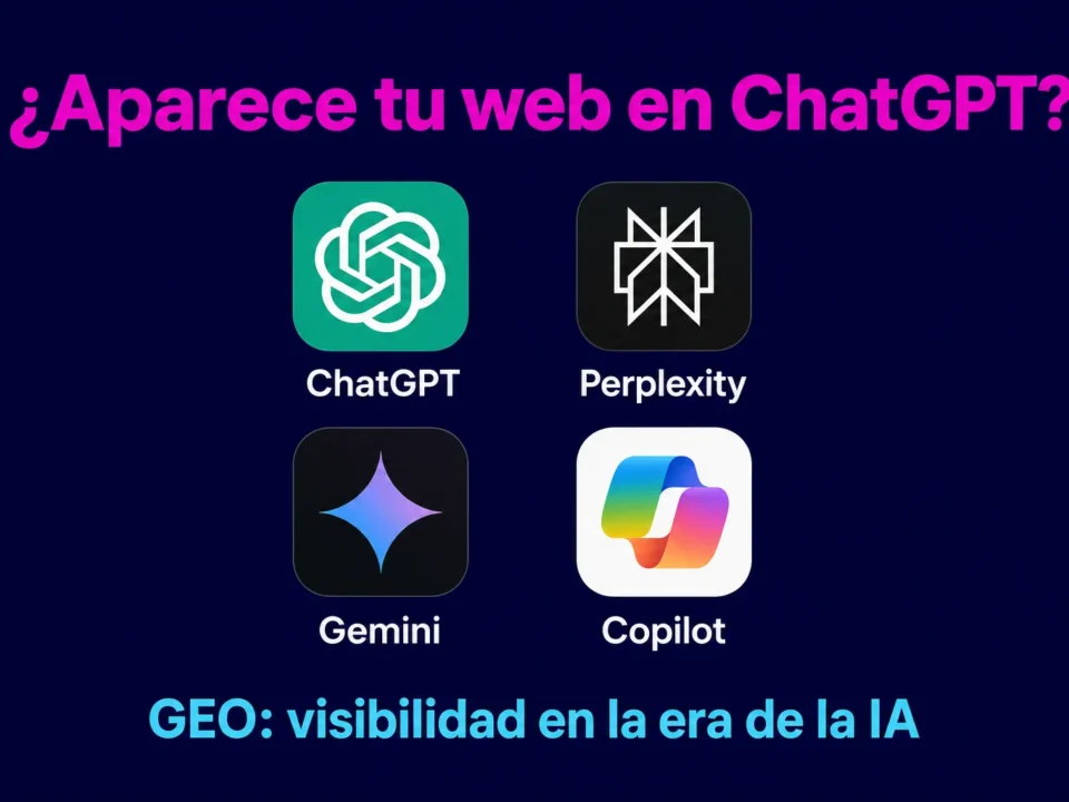 Graphic asking 'Does your site appear in ChatGPT?' with four app icons (ChatGPT, Perplexity, Gemini, Copilot) and the subtitle 'GEO: visibility in the AI era'