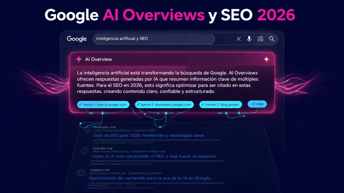 ilustración de resultados de google con bloque de ai overview destacado en magenta sobre fondo oscuro
