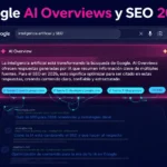 cómo afectan los google ai overviews al seo en 2026 | somos tu marketing ilustración de resultados de google con bloque de ai overview destacado en magenta sobre fondo oscuro