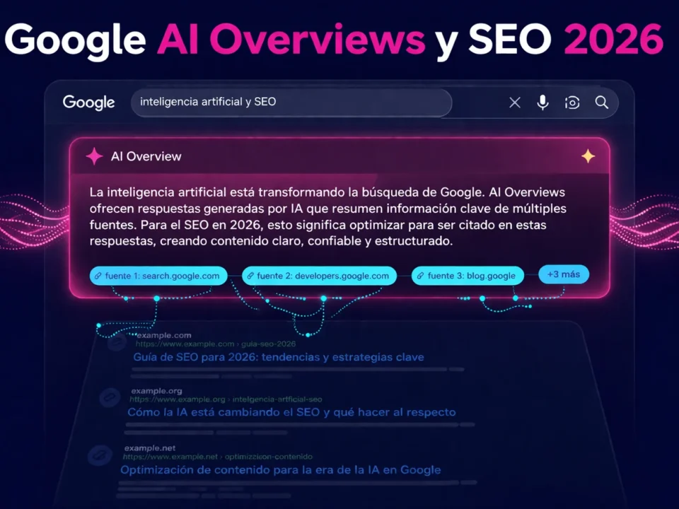 Ilustración de resultados de Google con bloque de AI Overview destacado en magenta sobre fondo oscuro