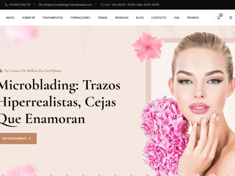 Hero banner for a beauty clinic with a model and pink flowers, featuring the headline about microblading: Trazos Hiperrealistas, Cejas Que Enamoran (Spanish).
