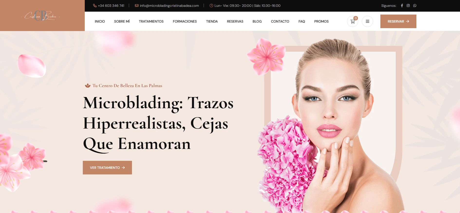 imagenwebcentrodeestetica 2 | somos tu marketing hero banner for a beauty clinic with a model and pink flowers featuring the headline about microblading trazos hiperrealistas cejas que enamoran spanish