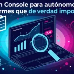 banner showing a laptop with analytics graphs a magnifying glass and a small robot on a neon bluepink background about important reports for freelancers search console para autónomos